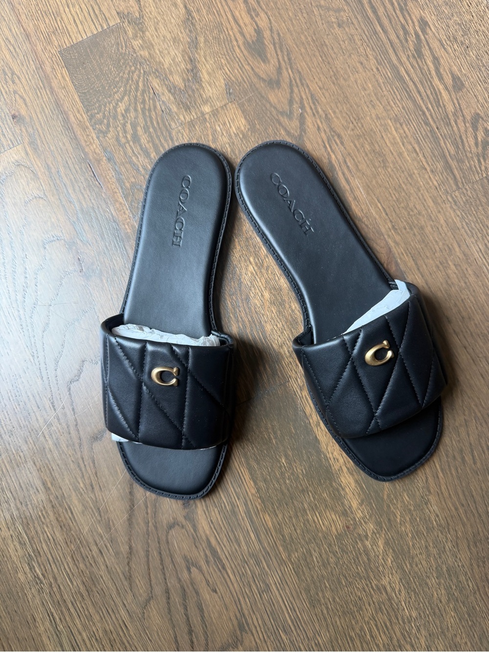 Coach Quilted Black Slide Sandals with Gold C Logo